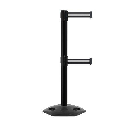 Montour Line Stanchion Dual Belt Barr. Rubber Base Black Post 9ft.Bk/W H Belt P400DHDRB-BK-BWH-90